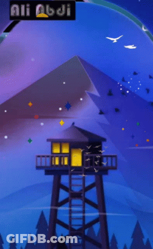 An Illustration Of A Tower With Birds Flying Around It And A Mountain In The Background With A Sign That Says Niji GIF