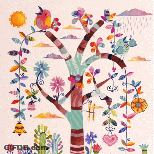 An Illustration Of A Tree With Flowers And Birds On It GIF