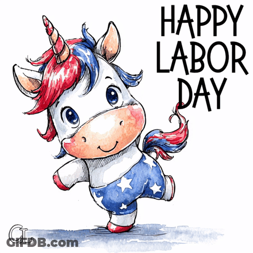 An Illustration Of A Unicorn With The Words Happy Labor Day GIF