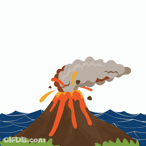 An Illustration Of A Volcano With The Words Please Throw Yourself Into An Active Volcano Below It GIF