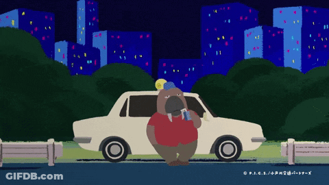 An Illustration Of A Walrus Standing Next To A White Car With A City In The Background GIF