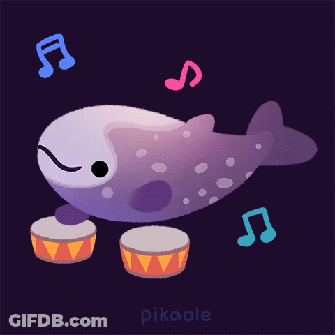 An Illustration Of A Whale Playing Drums With Music Notes Behind It And The Name Pikaole At The Bottom GIF
