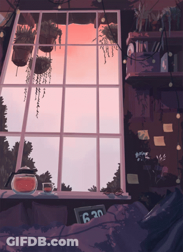 An Illustration Of A Window With A Clock That Says 6:30 GIF