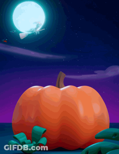 An Illustration Of A Witch On A Broom Flying Over A Pumpkin GIF