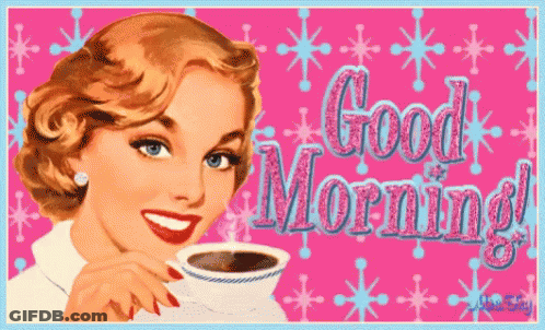 An Illustration Of A Woman Holding A Cup Of Coffee With The Words Good Morning GIF