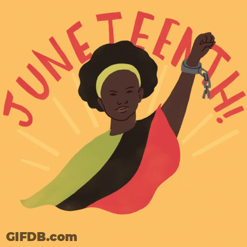 An Illustration Of A Woman Holding A Fist In The Air With The Words Juneteenth Written Around Her GIF