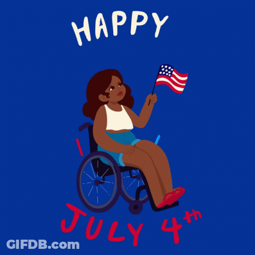 An Illustration Of A Woman In A Wheelchair Holding An American Flag With The Words Happy July 4Th GIF