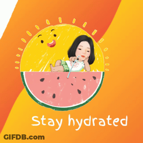 An Illustration Of A Woman Laying In A Slice Of Watermelon With The Words " Stay Hydrated " Below It GIF