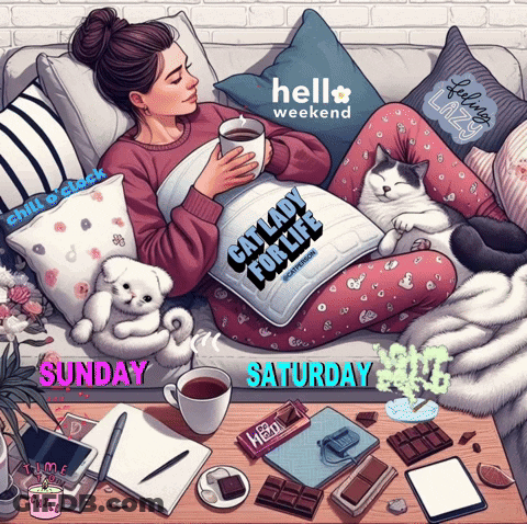 An Illustration Of A Woman Laying On A Couch Holding A Cup Of Coffee And A Pillow That Says Cat Lady For Life GIF