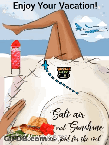 An Illustration Of A Woman Laying On The Beach With The Words Enjoy Your Vacation GIF