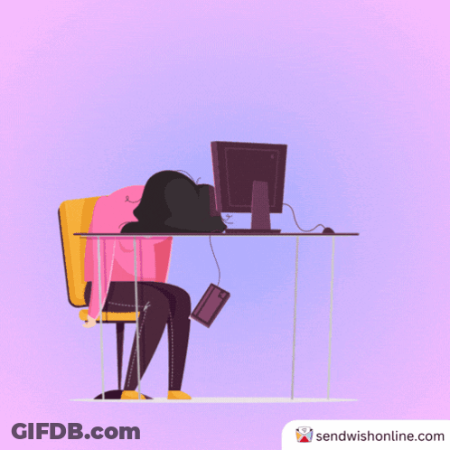 An Illustration Of A Woman Sitting At A Desk With Her Head Resting On A Computer Monitor GIF