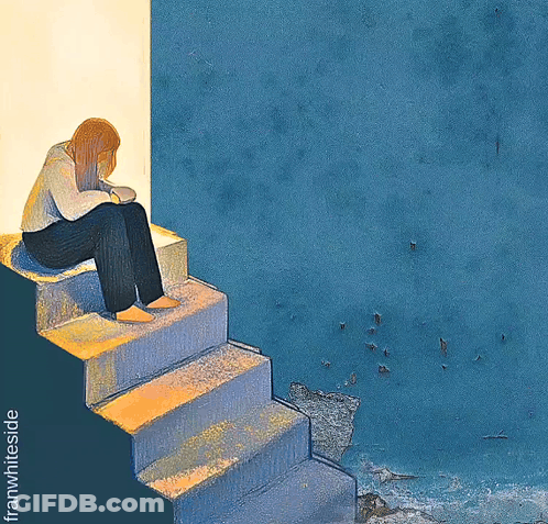An Illustration Of A Woman Sitting On A Set Of Stairs GIF