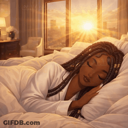 An Illustration Of A Woman Sleeping In A Bed With The Sun Shining Through The Window GIF