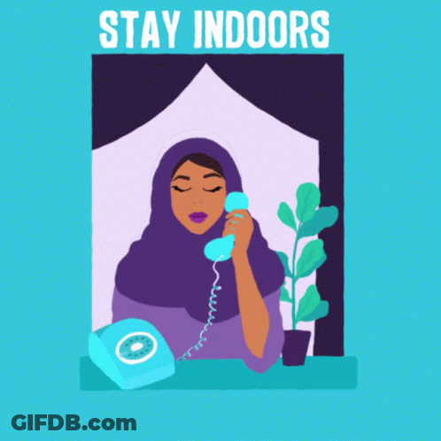 An Illustration Of A Woman Talking On A Phone With The Words " Stay Indoors But Stay Connected " GIF