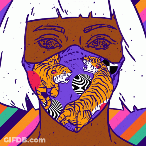 An Illustration Of A Woman Wearing A Mask With Tigers On Her Face GIF
