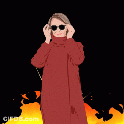 An Illustration Of A Woman Wearing Sunglasses And A Red Coat GIF