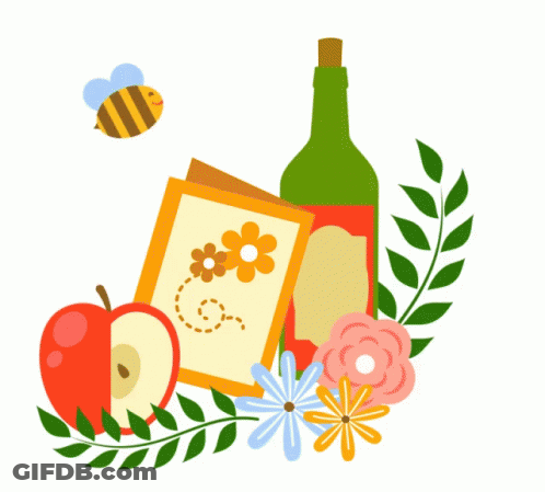 An Illustration Of An Apple A Book A Bottle Of Wine And Flowers GIF