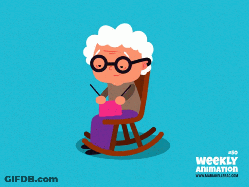 An Illustration Of An Elderly Woman Sitting In A Rocking Chair With Weekly Animation # 30 On The Bottom GIF