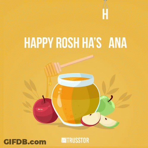 An Illustration Of Apples And Honey With The Words Happy Rosh Ha 'Shana Above It GIF