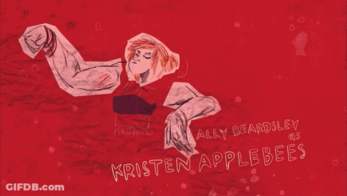 An Illustration Of Kristen Applebees And Ally Beardsley On A Red Background GIF
