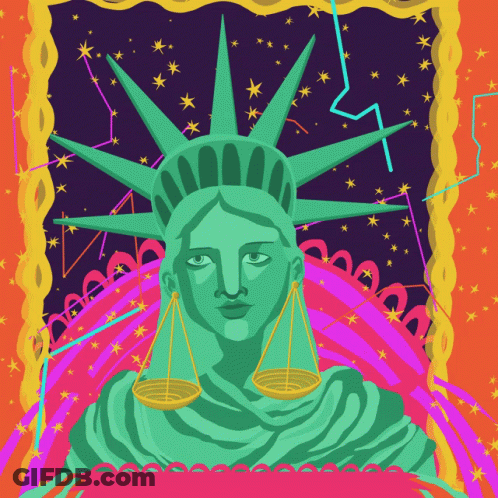 An Illustration Of The Statue Of Liberty With Scales On Her Head GIF