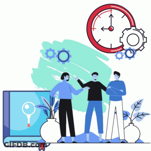 An Illustration Of Three People Standing Next To Each Other With A Clock And Gears In The Background GIF