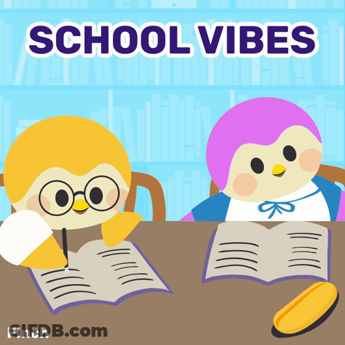 An Illustration Of Two Penguins Sitting At A Table With The Words School Vibes Behind Them GIF