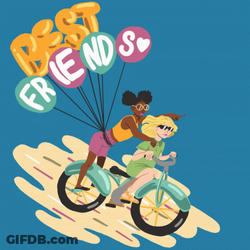 An Illustration Of Two Women Riding A Bike With Balloons That Say Best Friends GIF