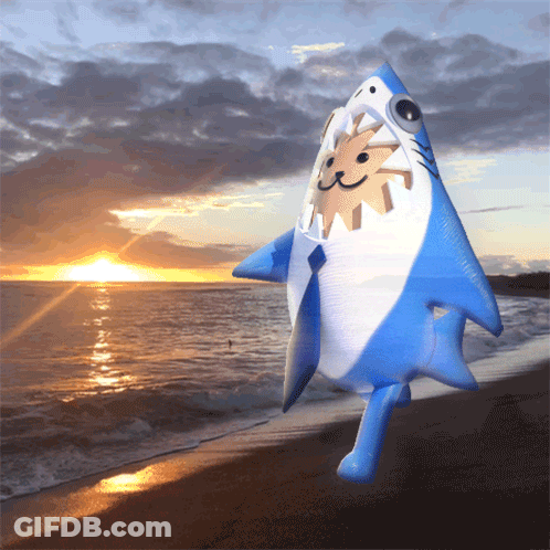 An Inflatable Shark With A Sun In Its Mouth Is Standing On A Beach GIF