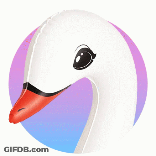 An Inflatable White Swan With A Red Beak And Black Eyes GIF