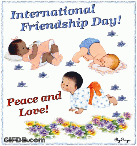 An International Friendship Day Greeting Card With Three Babies On It GIF