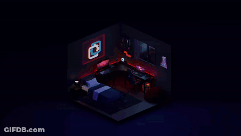 An Isometric Drawing Of A Bedroom With A Bed And A Desk GIF