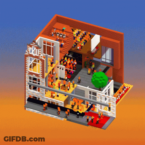 An Isometric Drawing Of A Building With A Sign That Says ' A & A ' On It GIF