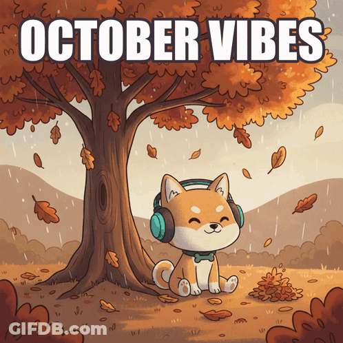 An October Vibes Poster With A Shiba Inu Wearing Headphones Under A Tree GIF