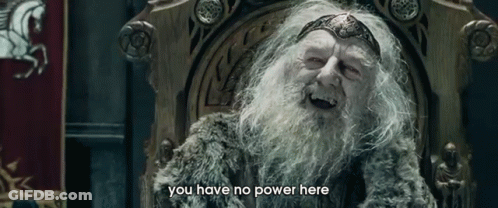 An Old Man With A Beard Is Sitting In A Chair And Says You Have No Power Here . GIF