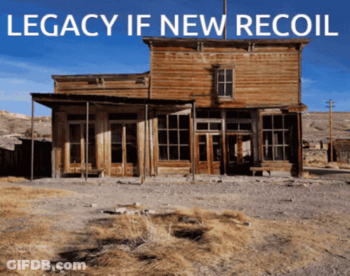 An Old Wooden Building With The Words " Legacy If New Recoil " Written Above It GIF