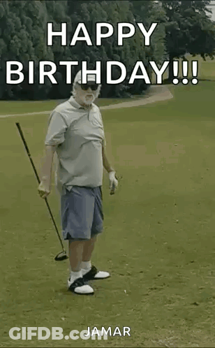 An Older Man Is Holding A Golf Club On A Golf Course And Dancing . GIF