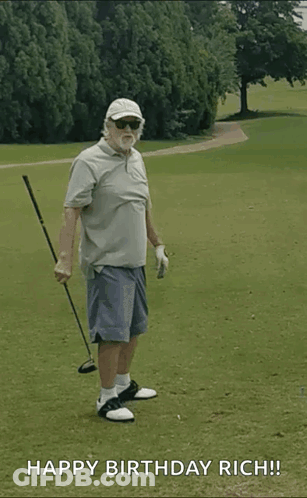 An Older Man Is Holding A Golf Club On A Golf Course And Says Happy Birthday Rich ! GIF