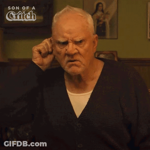 An Older Man Is Making A Funny Face With The Words Speak Up I Can 'T Hear You Below Him GIF