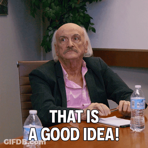 An Older Man Sits At A Table With Bottles Of Water And The Words That Is A Good Idea GIF