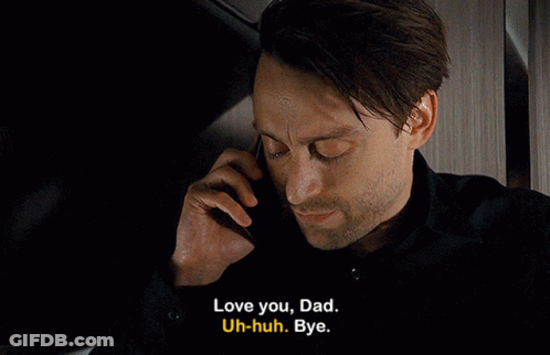 An Older Man Talking On A Cell Phone With The Words Love You Dad Uh-Huh Bye GIF