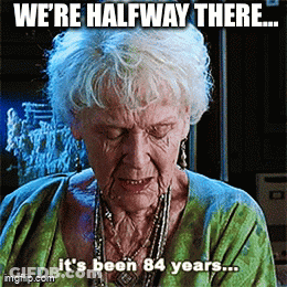 An Older Woman In A Green Shirt Says We 'Re Halfway There .. It 'S Been 84 Years .. GIF