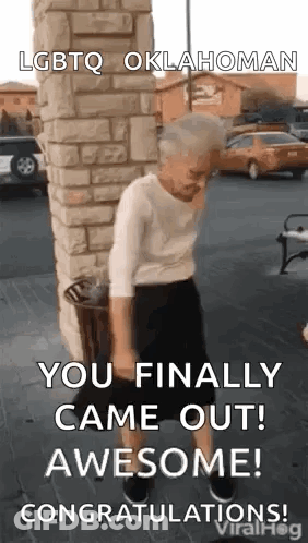 An Older Woman Is Dancing In Front Of A Brick Wall And Says `` You Finally Came Out Awesome ! '' GIF