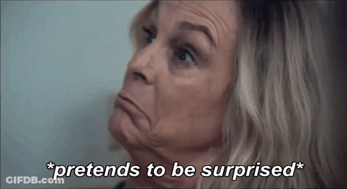 An Older Woman Is Making A Funny Face And Says `` Pretends To Be Surprised '' . GIF