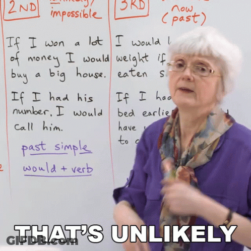 An Older Woman Stands In Front Of A Whiteboard With The Words That 'S Unlikely Written On It GIF