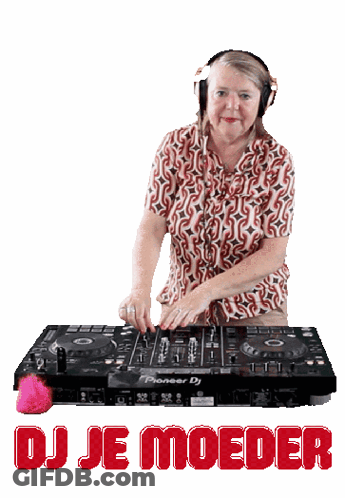 An Older Woman Wearing Headphones Is Playing Music On A Pioneer Dj GIF