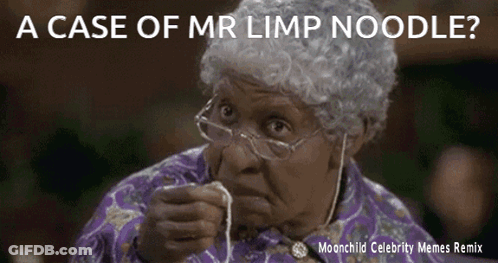 An Older Woman With Glasses Is Eating Noodles With The Caption A Case Of Mr Limp Noodle GIF