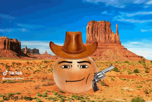 An Onion Wearing A Cowboy Hat And Holding A Gun In A Desert GIF