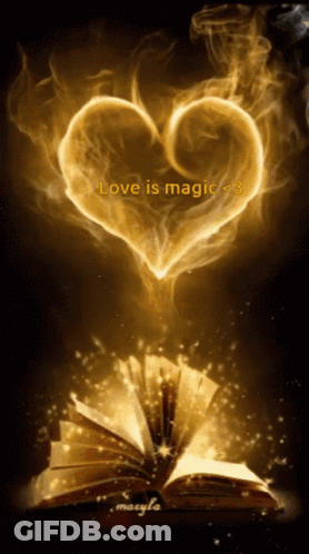 An Open Book With A Heart Shaped Smoke Coming Out Of It And The Words Love Is Magic GIF