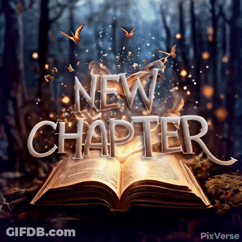An Open Book With The Words " New Chapter " Written On It GIF